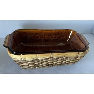 Anchor Hocking Vintage Harvest Amber Glass Loaf Pan with Woven Basket 5x9 1.5 Qt